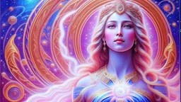 Create an image of a full body cosmic goddess. the goddess should be depicted as a beautiful and powerful figure, surrounded by cosmic stars. her hair should be long, blond and flowing, and she should be dressed in a flowing gown blue celestial robe. in the background, include imagery of pink flowers, blue sky, trees. the image should evoke a sense of joy, celebration, and spiritual connection to nature.