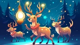 fantasy cartoon style illustration: happy reindeer lights Christmas lanterns and sings creating a joyful atmosphere.