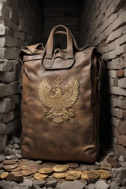 in a LARGE BASEMENT, half-buried in the earth, an ancient, worn-out, worn-out, torn-side valise peeks out, from which gold coins from the time of Catherine the Great fall out. The ancient coat of arms of Russia, the double-headed eagle, is BARELY VISIBLE on the bag. There are a lot of broken bricks and earth around the bag. All in high quality 8K