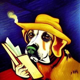 oil portrait of a dog with hat reading a book and smoking a wooden pipe by Van Gogh 8k