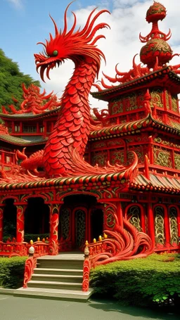 A red palace with a monstrous phoenix designed in Japanese Oni masks painted by Jackson Pollock