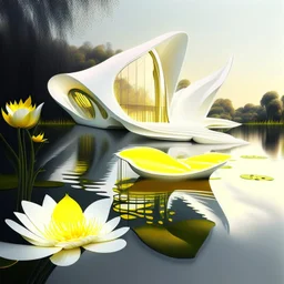 House by a lake water plants and yellow flowers Zaha Hadid style white ink art creamy glasses creative 8k