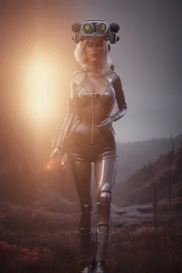 Ultra Realistic retro sci-fi scene, waist up view portrait, blonde woman, sweet young Claudia Schiffer face, perfect iris, glow eyes, makeup, weapon. Soldiers background, Retro sci-fi style, helmet, tight latex coat, fog, rain, soft color, highly detailed, unreal engine 5, ray tracing, RTX, lumen lighting, ultra detail, volumetric lighting, 3d, finely drawn, high definition, high resolution.