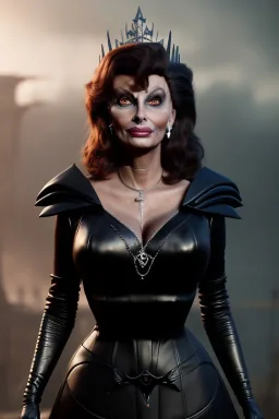 sophia loren as evil queen in black leather, angry, stern look, volumetric lighting, particales,highly detailed,cinematic, deep colours,8