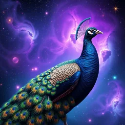 Magnificent peacock with iridescent feathers, cosmic galaxy background, swirling nebulas in vibrant purples and teals, shooting stars, glowing celestial bodies, aurora borealis effects, holographic rainbow reflections, ethereal cosmic dust, hyperrealistic 8k --ar 1:1 --v 7 --style raw