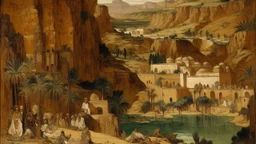 A tannish brown musical city near a canyon designed in Moroccan rug art painted by Édouard Manet