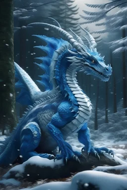 Blue Dragon, White eyes , full body, scars, dark eyeshadow, 8k resolution, cinematic smooth, intricate details, vibrant colors, realistic details, masterpiece, oil on canvas, snow forest background