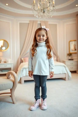 a 6 years old girl in modern clothing and makeup standing pose with cute and joy with pertty shoes in a very large luxury baby bedroom