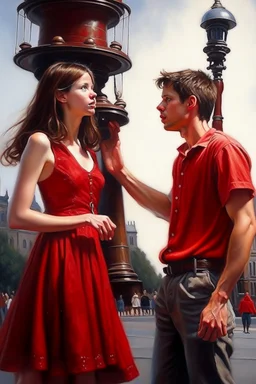 A girl collides with a young man and he catches her in the middle of the road and they look at each other with the bells around them ringing, the girl wears a short red dress exposed from the shoulders, and the young man wears jeans and catches an oil painting Photorealistic Behind them is a tower containing a big bell