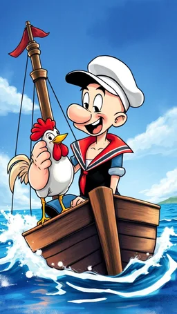 Popeye the sailor petting his chicken on his awesome boat, anime, airbrush with pen outline