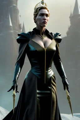 Kate Winslet as evil queen in black leather by Greg Rutkowski, Sung Choi, Mitchell Mohrhauser, Maciej Kuciara, Johnson Ting, Maxim Verehin, Peter Konig, 8k photorealistic, cinematic lighting, HD, high details, dramatic, atmosphereric, trending on artstation