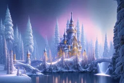  white and gold crystal castle，waterfall, winter snow flakessnow, northern Lights, full of details, smooth, bright sunshine，soft light atmosphere, light effect，vaporwave colorful, concept art, smooth, extremely sharp detail, finely tuned detail, ultra high definition, 8 k, unreal engine 5, ultra sharp focus