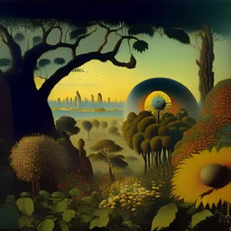 High definition photography of a marvelous landscape, trees, flowers, giant sun, people wearing masks, eerie, rock formations, atmosphere of a Max Ernst painting, Henri Rousseau, thoughtful, interesting, a bit appalling, smooth