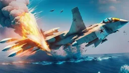 fighter jet shoots missile at passenger plane and it explodes while flying over the ocean