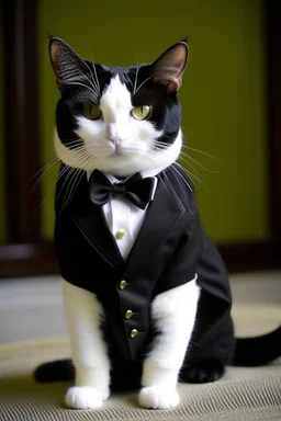 very cute white cat wearing a black wedding suit