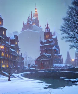 A magical snowy warlock castle with river canals and a large Christmas tree