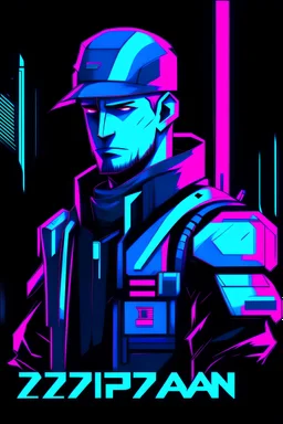 us men soldier with rilfe with text szczepan with blue background colour, neons in cyberpunk styles, with text szczepan