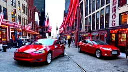 A Tesla's 'Model S Plaid' is racing at top speed, on the South Street Seaport, in New York. CINEMATIC. WIDE ANGLE LENS. PHOTO REAL.