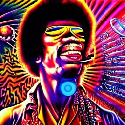 a realistic picture of Jimi Hendrix at a turntable with headphones on being a DJ, vivid color, with sunglasses, psychedelic trippy art, with UFOs in the background