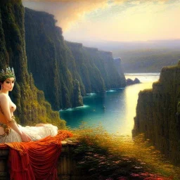 Drawing of beautiful face busty Celtic queen,balcony,view,cliffs,sea,ancient leather armor, balanciaga fashion clothe painting by gaston bussiere, greg rutkowski, yoji shinkawa, yoshitaka amano, tsutomu nihei, donato giancola, tim hildebrandt, oil on canvas, cinematic composition, extreme detail,fit full head inside picture,16k