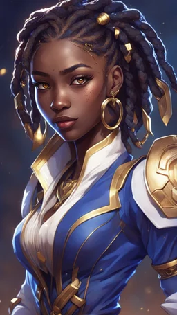 sci-fi, arcane animation series style, league of legends, Solo, 1girl, attractive female with freckles, african, dark skin, golden eyes, dark hair, braided dreadlocks, earrings, makeup, (detailed skin texture), white and indigo-blue suit