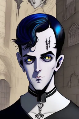black haired blue eyed young man necromancer wizard with gothic jewelry in the style of charles addams