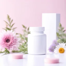 mockup is a white box of a medicinal product, on a background with pastel tones, surround fresh flower on background blur Ai