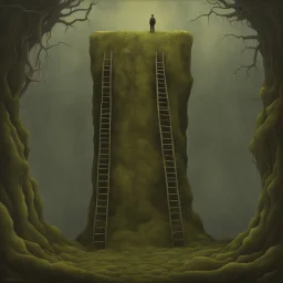 ladder to nowhere and odd flags conceived in a nightmare, styled by Zdzislaw Beksinski and Roland Topor, asymmetrical neo surrealism, muted color s and mossy textures, eerie, magical effects, trending on Artstation, 8k, wonderfully morbid, matte oil painting, by Magritte