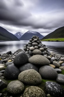 gestapelde stenen bij fjord in noorwegen