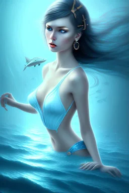 lady muse with black hair blue eyes top in the ocean