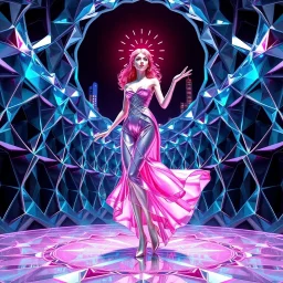 very complex structure ,pretty viberating color environment 3d metalic and crystal recursive animating beveled geometric base very complex structure future world evolving background and goddess realistic modern lady in pretty cleric dress comes out dancing gracefully , viberating color moving very in modern city escap environment while camera tracking it.