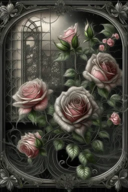 63. beautiful landscape elegant blooming pink roses and daisies, lots of greenery, sequins, dew filigree, smoke fractal, spiral space outside the window, hyperrealism, glitter, glare, hyperdetalization. vintage, inlaid outline in black pencil, aesthetically pleasing, beautiful, realistic, high resolution, high detail