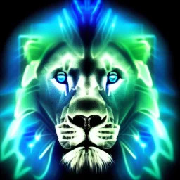 A beautiful portrait of a cyborg lion blue neon color scheme, high key lighting, volumetric light high details psychedelic background