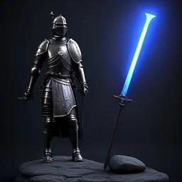 large black stone statue of a knight in a dark dungeon, holding a sword that's pointing up and glowing blue