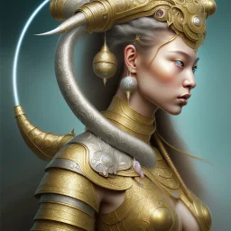 Sango fantasy, fantasy magic, intricate, sharp focus, illustration, highly detailed, digital painting, concept art, matte, art germ and Paul Lewin and Kehinde Wiley, masterpiece silver elephant head bronze Buddha Asian African girl nice breast Hawaiian hair turquoise golden waves