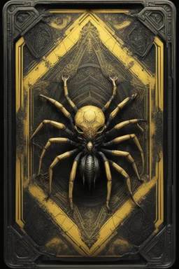 sacred geometry framed playing card, black and yellow death dragon spider boss card in the style of Giger and fallout 4 ,,bokeh like f/0.8, tilt-shift lens 8k, high detail, smooth render, down-light, unreal engine