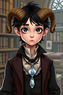 figura intera di un ragazzo dai occhi neri e capelli corvino di media lunghezza, vestito in maniera vittoriana, gestisce una libreria. Corna di muflone e un ciondolodi cristallo al collo. Stile Jeff simpson