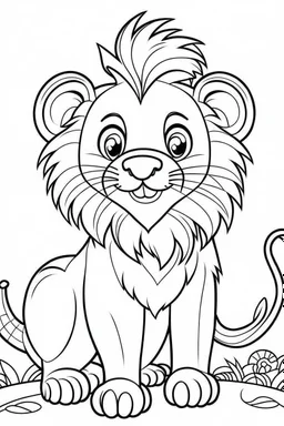 coloring page for kids, LION, cartoon style, thick outline, low details, no shading, VIVID COLOR