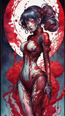 cyberpunk full body, huge girl, blood, guts, cosmic, futuristic, iridescent, intricate, behind made liquid, watercolor illustration by <Katsushika Hokusai>, darkred tones,