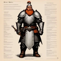 character concept sheet with AD&D statistics and characteristics, [illustration by René Gruau] a dwarf cleric in heavy armour and his mace