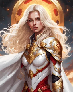 beautiful girl, floating golden halo above her, glowing golden eye, platinum blonde hair, long wavy hair, wearing expensive detailed white leather armor, wearing red detailed cape, war in the background, realism