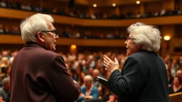 Two Elderly pensioners singing on a concert hall stage in front of a large audience. Photographic quality and detail, award-winning image, beautiful composition.