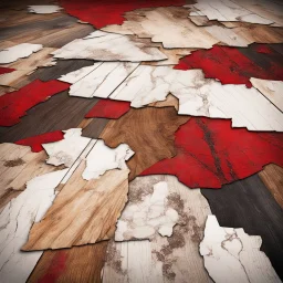 Hyper Realistic red, brown, black, golden & white grungy multicolored broken wooden planks & broken wooden floor with rustic marble texture & vignette effect