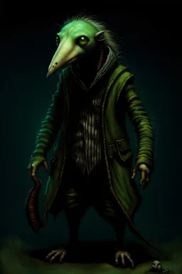 Artist Jean-Baptiste Monge style. A old biomorph male humanoid with Anteater face. Bright eyes. A green and blue striped outfit. Modifiers: Tim Burton Craig Rutkowski Modifiers:neon glowing Iridescent black ink