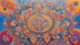 a beautifully vibrant painting depicting a joyful and abundant life, colorful, optimistic, geometric mandalas, network support, residual income, financial freedom, positive energy, happiness, bright colors, abstract art, empowering, uplifting, inspirational, contemporary art, mixed media, acrylic on canvas