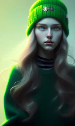 girl, cute, beautiful, long hair, wavy hair, green hair, blue eyes, green beanie, green coat, black tee shirt, head and shoulders portrait, 8k resolution concept art portrait by Greg Rutkowski, Artgerm, WLOP, Alphonse Mucha dynamic lighting