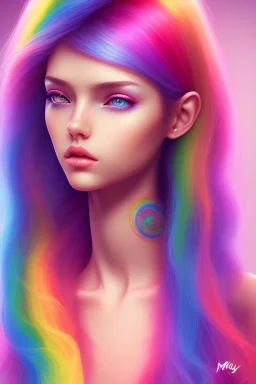 girl, cute, beautiful, long hair, rainbow hair, rainbow dress, close up portrait by vendor