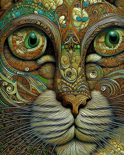 Detailed Surreal Portrait of Oriental blue and white tabby cat, with a triangular slender white face, large ears and green eyes by Gustav Klimt muted natural normal colors.