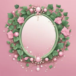 Create an Artwork of a Mirror with ivy branches and pearls necklace, Like a creative Logo for a Varasity Jacket to put a random number uin it, Vector illustration. Colors should be pink and green