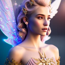 enlighten, light pink blue colors, beautiful portrait of happy blonde bright fairy with wings, crystals, gold dress, winter landskape, depth of field, 8 K, fantasy